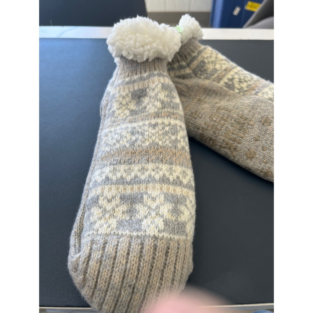 Muk Luks Fair Isle Cozy Sherpa Lined Slipper Socks with Pom Pom‎ Tan Gray